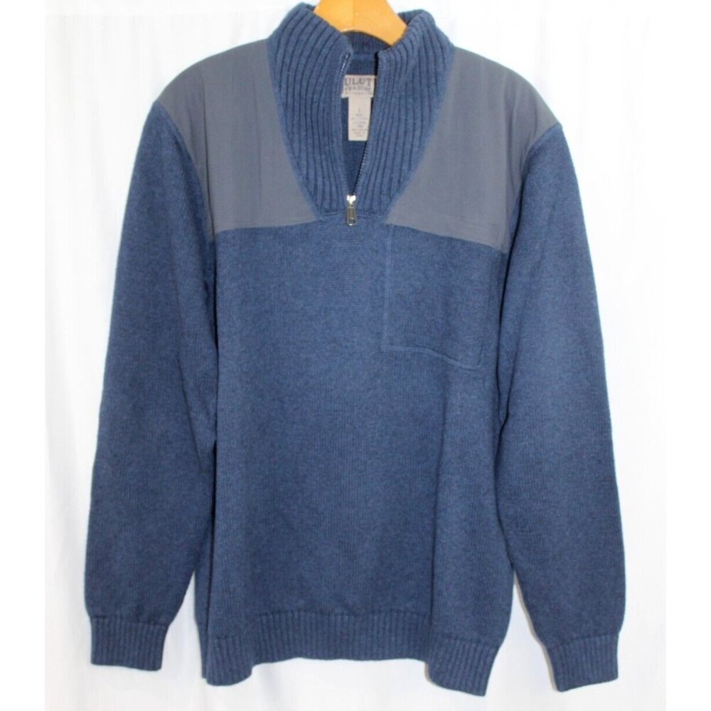 Duluth Trading Co Mens Blue Cotton Wool Blend Quarter Zip Sweater L Elbow Pads